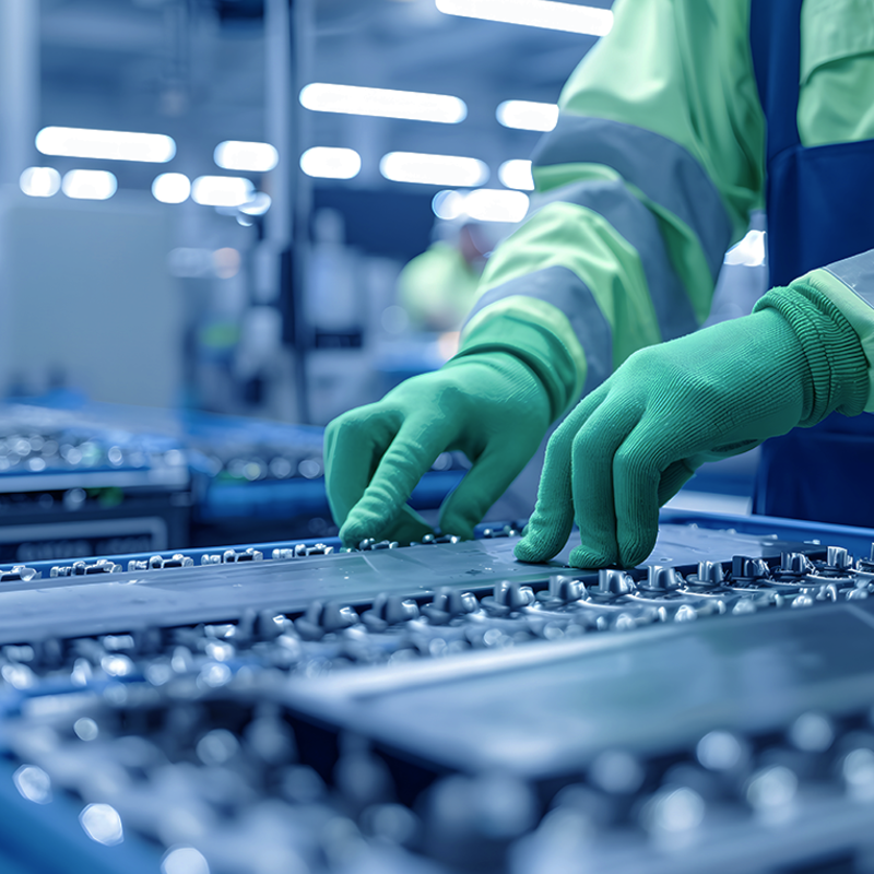 Travailleur en gants verts assemblant des composants de batterie sur une chaîne de production industrielle
